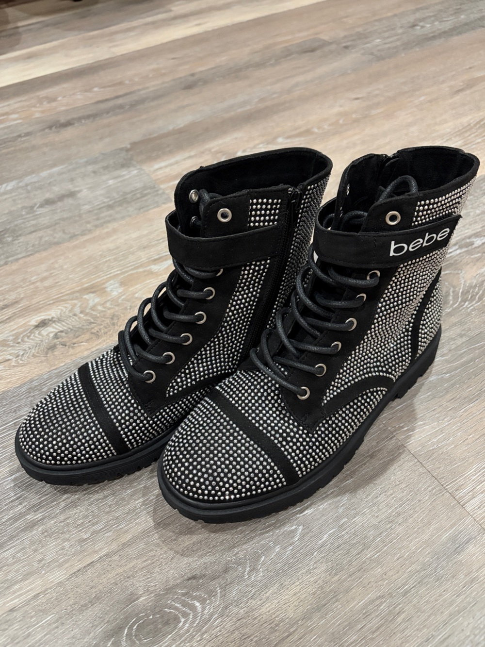 bebe Black Rhinestone Lace-Up Combat Boots
